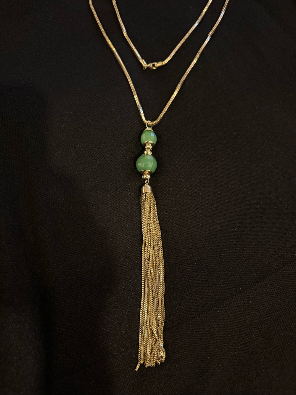 R.J.G. Faux Women’s Gold Tassel Pendant Necklace with Green Beads
